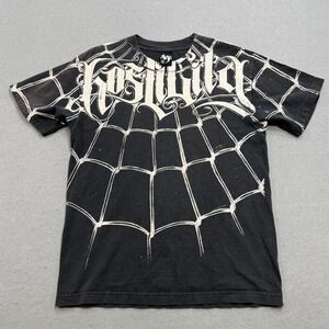 Y2K Hostility Graphic T-Shirt Men's Medium Black Spider Web Streetwear Grunge